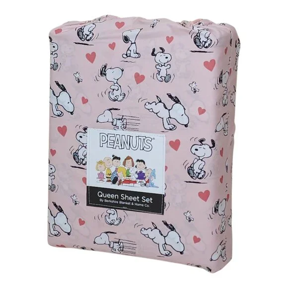 Peanuts Snoopy Queen Sheet Set By Berkshire Pink With Hearts Valentines Day - Picture 7 of 7
